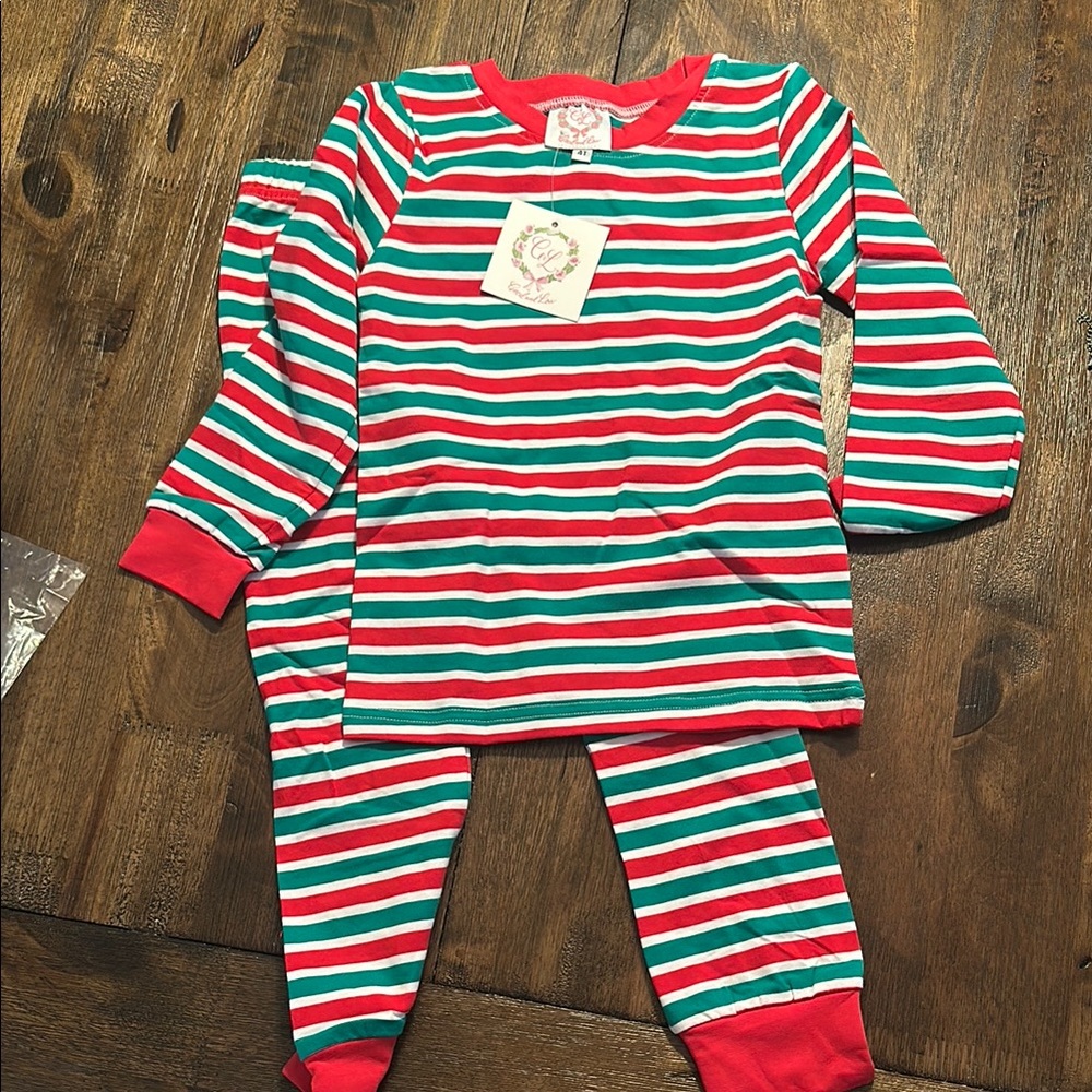 Cecil and Lou Red, Green, and White Striped Kids Pajamas - 4T